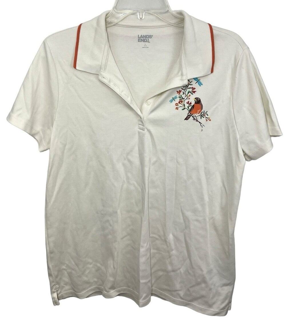 Lands' End Polo Shirt Womens Large Bird White Orange Cotton Preppy Whimsical